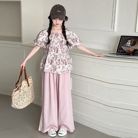 Girls' Korean Fashion Floral Suit, Big Children's Summer New Style Puff Sleeve Top and Wide-Leg Pants Two-Piece Set – Baby & Children's Outfits – Image 6