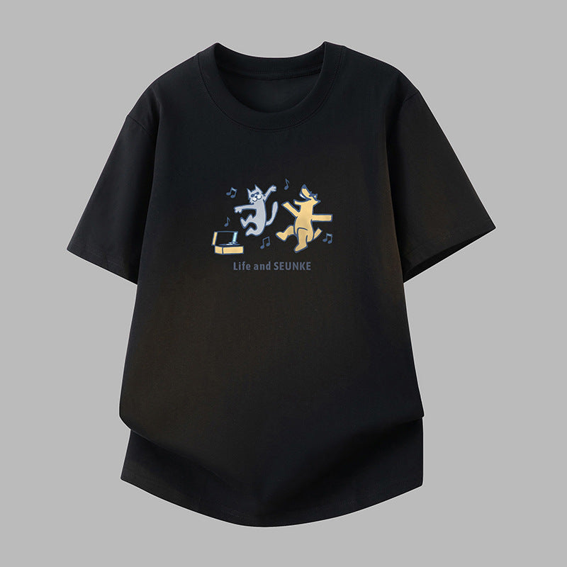 Men's Pure Cotton Cartoon Print Loose Crew Neck Black T-Shirt