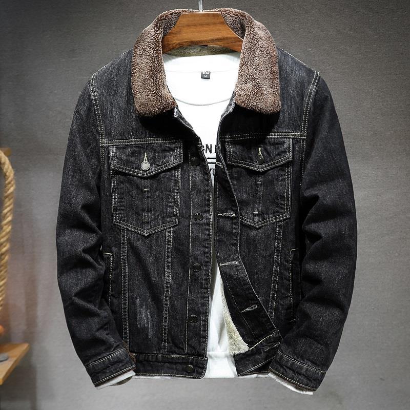 Men’s Black Denim Jacket | Fleece-Lined Wool Collar Thick Winter
