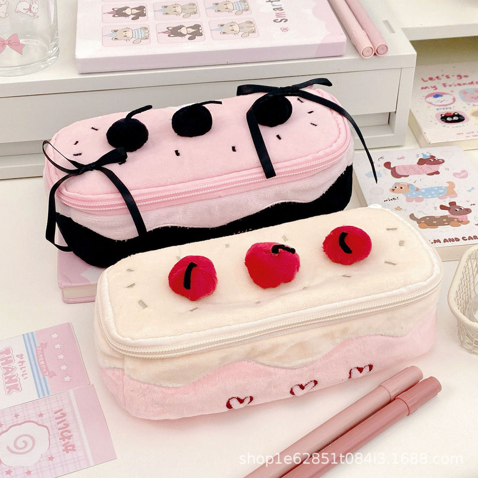 Cute Cherry Cake Plush Pencil Bag – Large Capacity Stationery &