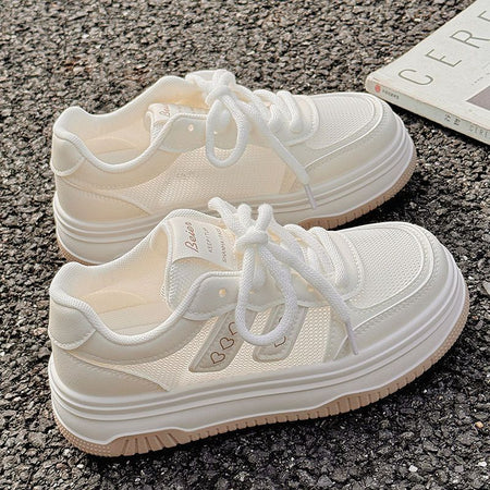 White Women's Breathable Mesh Sneakers with Lightweight Thick Sole
