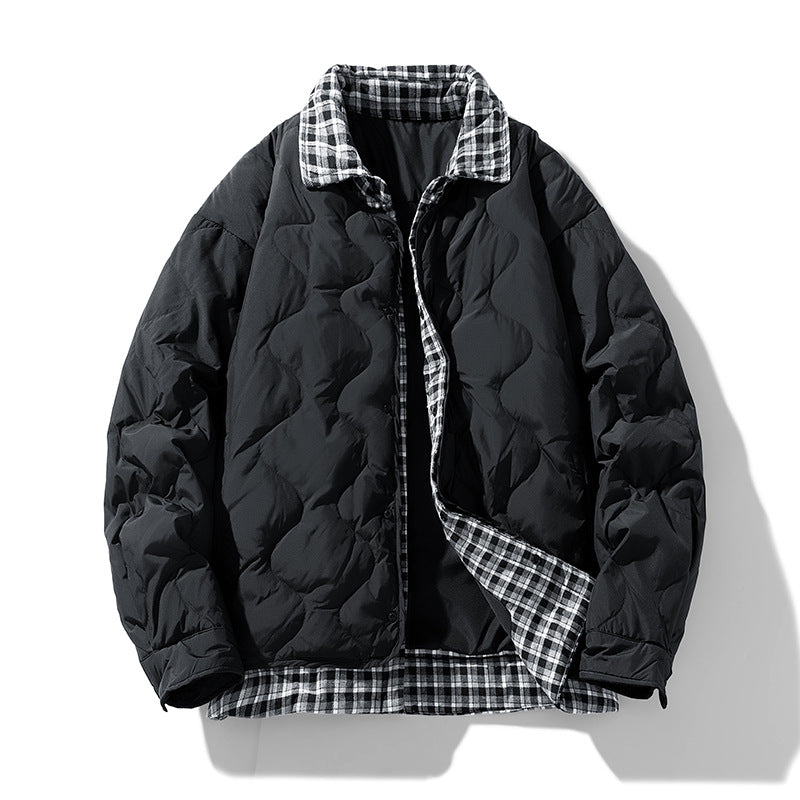 STOCK-Men’s Lapel Puffer Jacket – Japanese Style Fake Two-Piece