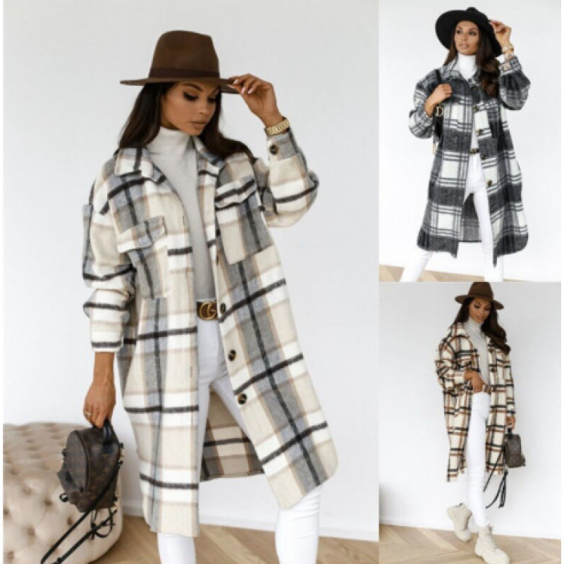 Women’s Long Sleeve Plaid Woolen Coat
