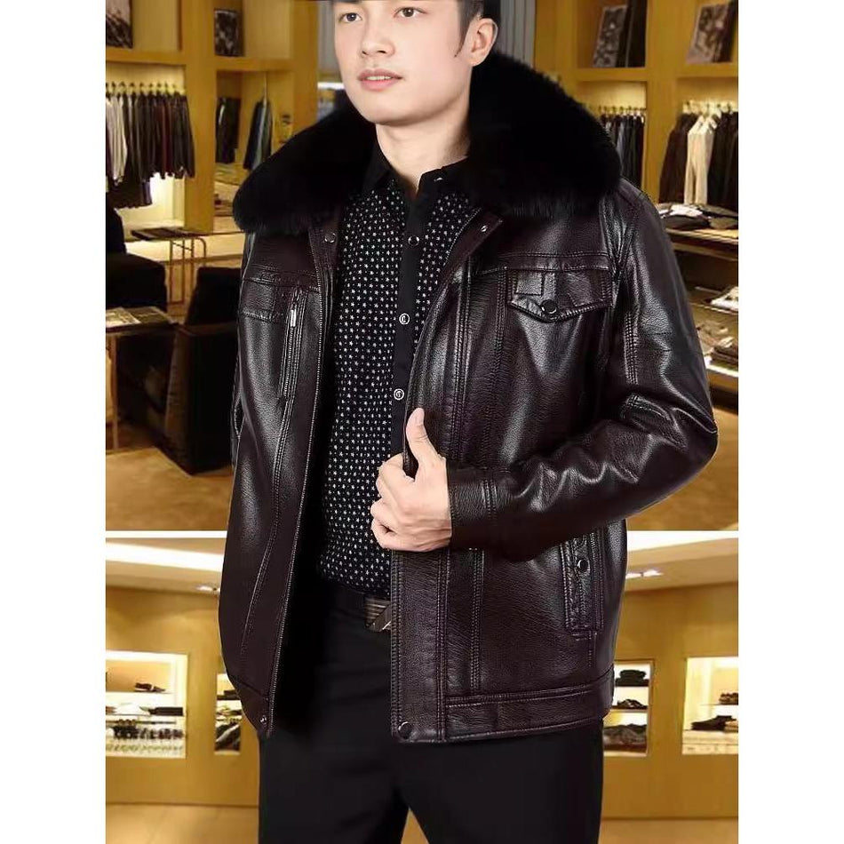 STOCK-Men’s Leather Jacket with Fur Lining for Winter