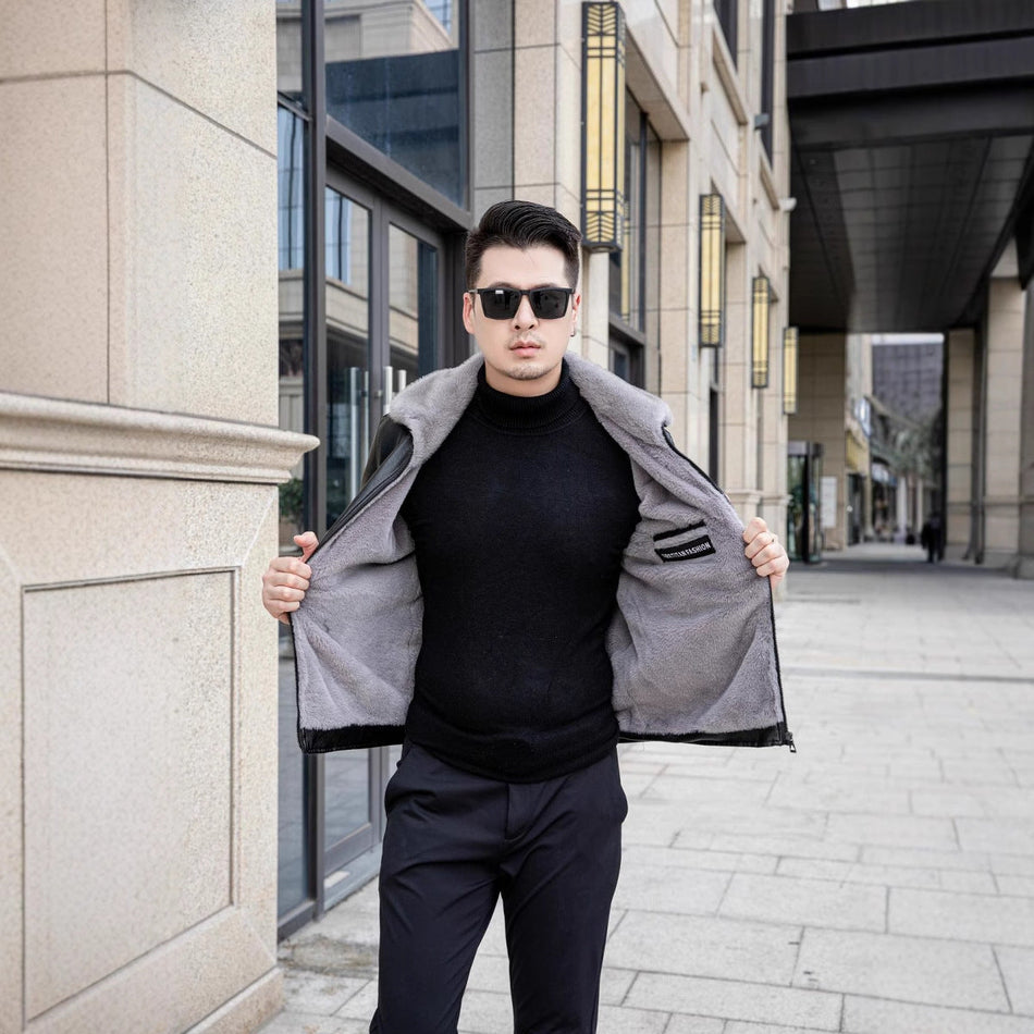 Men’s Fur Lined Leather Jacket Winter Warm Casual Coat