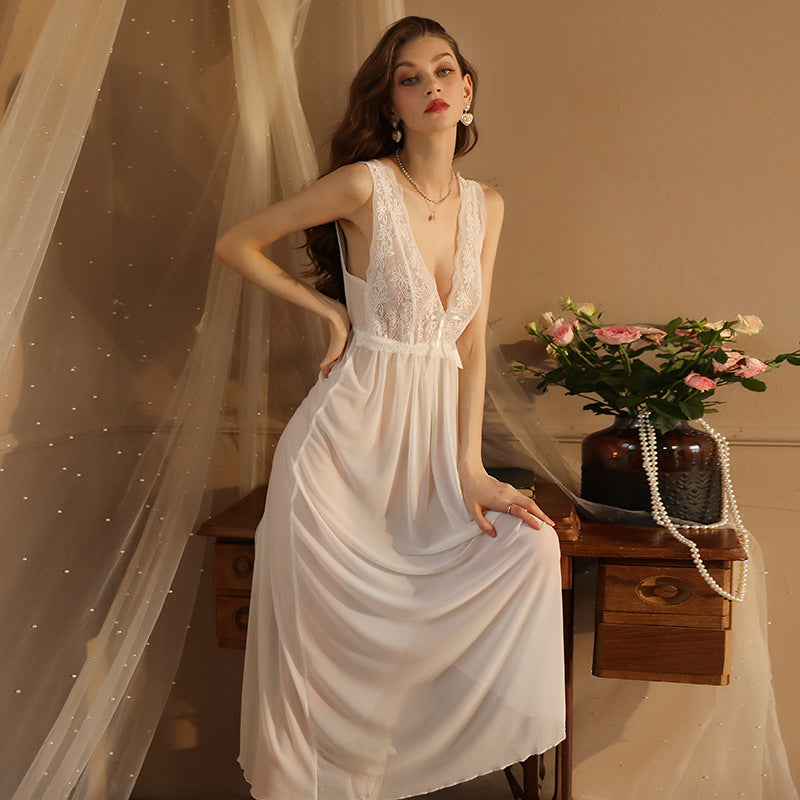 Sexy Mesh Lace Wide Suspender Nightgown Pajamas