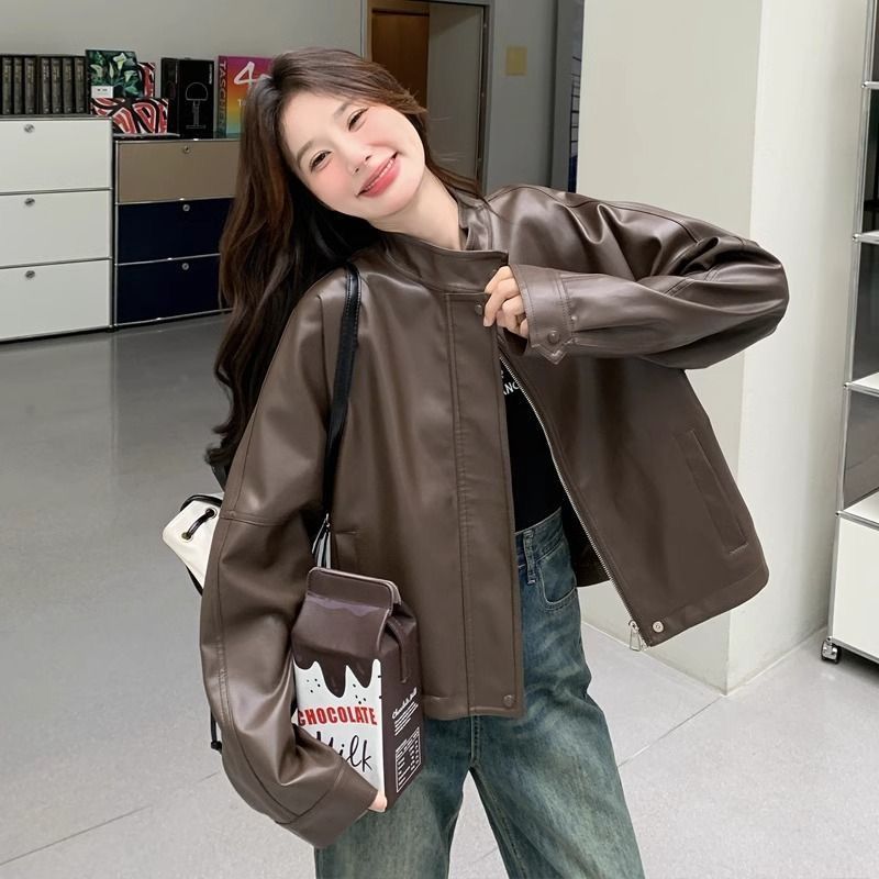 Women’s Maillard Brown Mini Leather Motorcycle Jacket