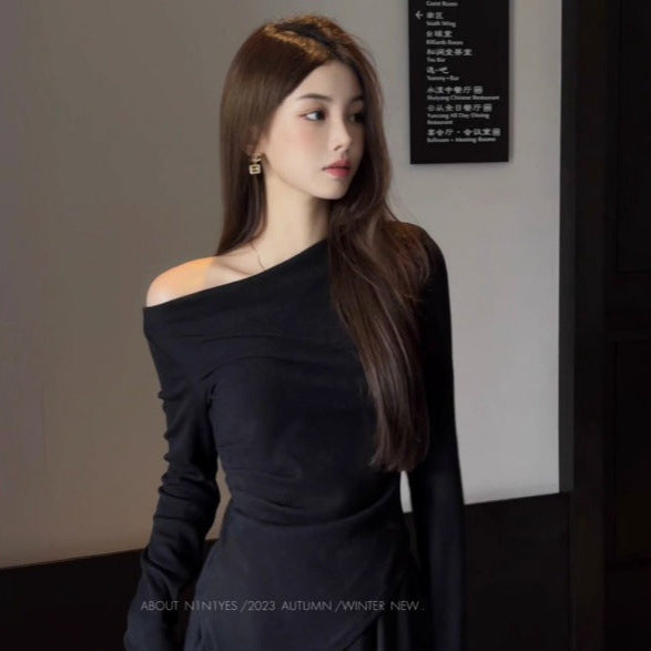 Apricot Off-Shoulder Slim Top – Irregular Cut Design