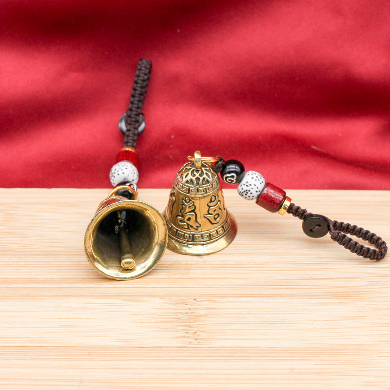 Brass Six-Character Mantra Bell Pendant with Sandalwood Rope