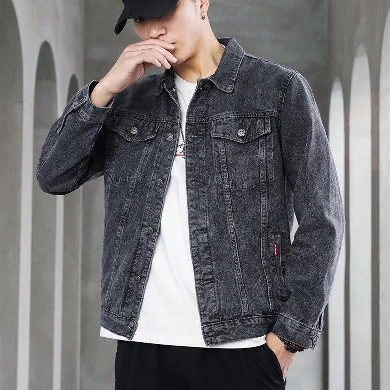 Men's Gray Denim Jacket Spring Autumn Slim Retro Workwear