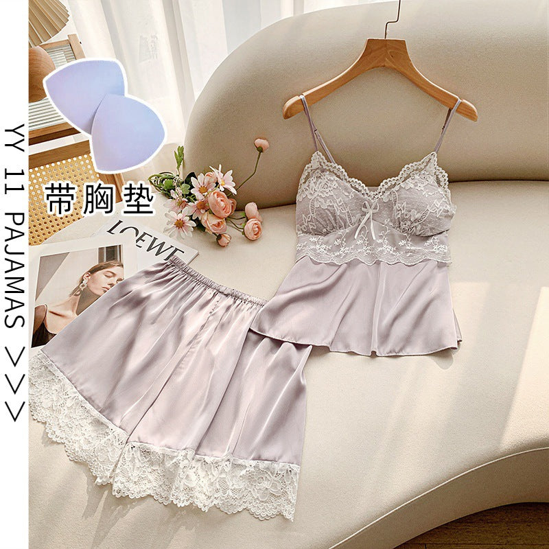 Ice Silk Lace Shorts Pajama Set with Chest Pad