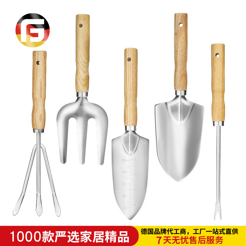 Stainless Steel Gardening Shovel Set – 5-Piece with Wood