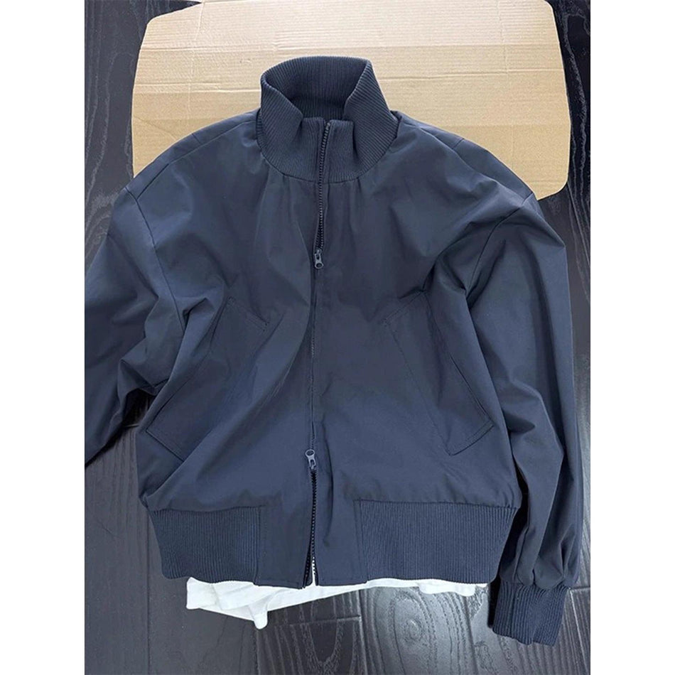 Men's Navy Blue Stand Collar Bomber Jacket Autumn Baseball