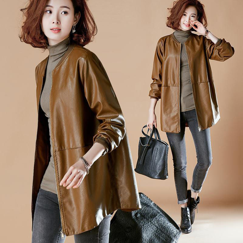 Women Korean Style PU Leather Mid Length Baseball Jacket