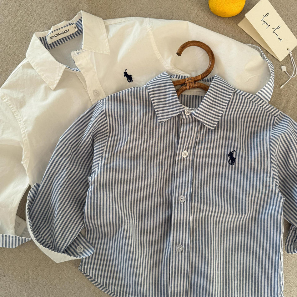 Kids Cotton Striped Preppy Long Sleeve Lapel Shirt
