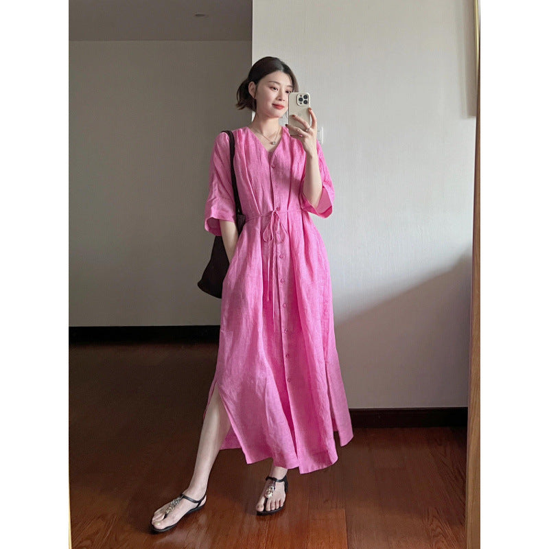 INSTOCK-Summer Cotton Linen V-Neck Strap Dress