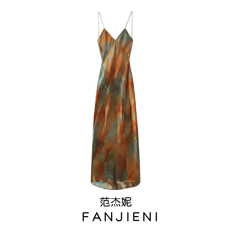 Silk Satin Backless Printed Dress – European Style