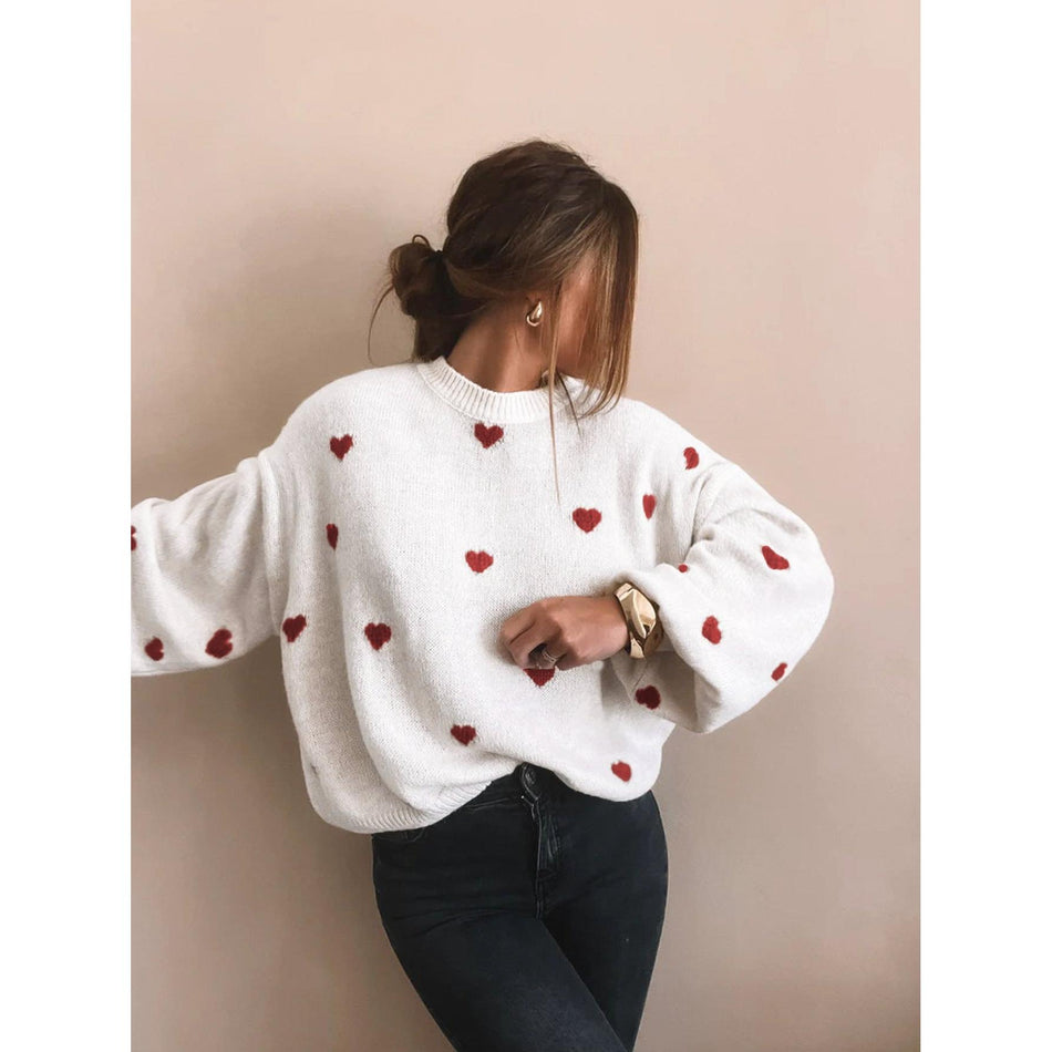 Women’s Heart-Print Round-Neck Casual Sweater