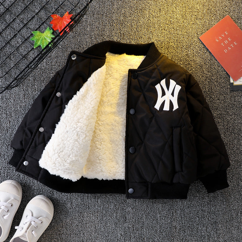 Boys’ Winter Velvet Jacket – Thick Cotton Baseball Coat