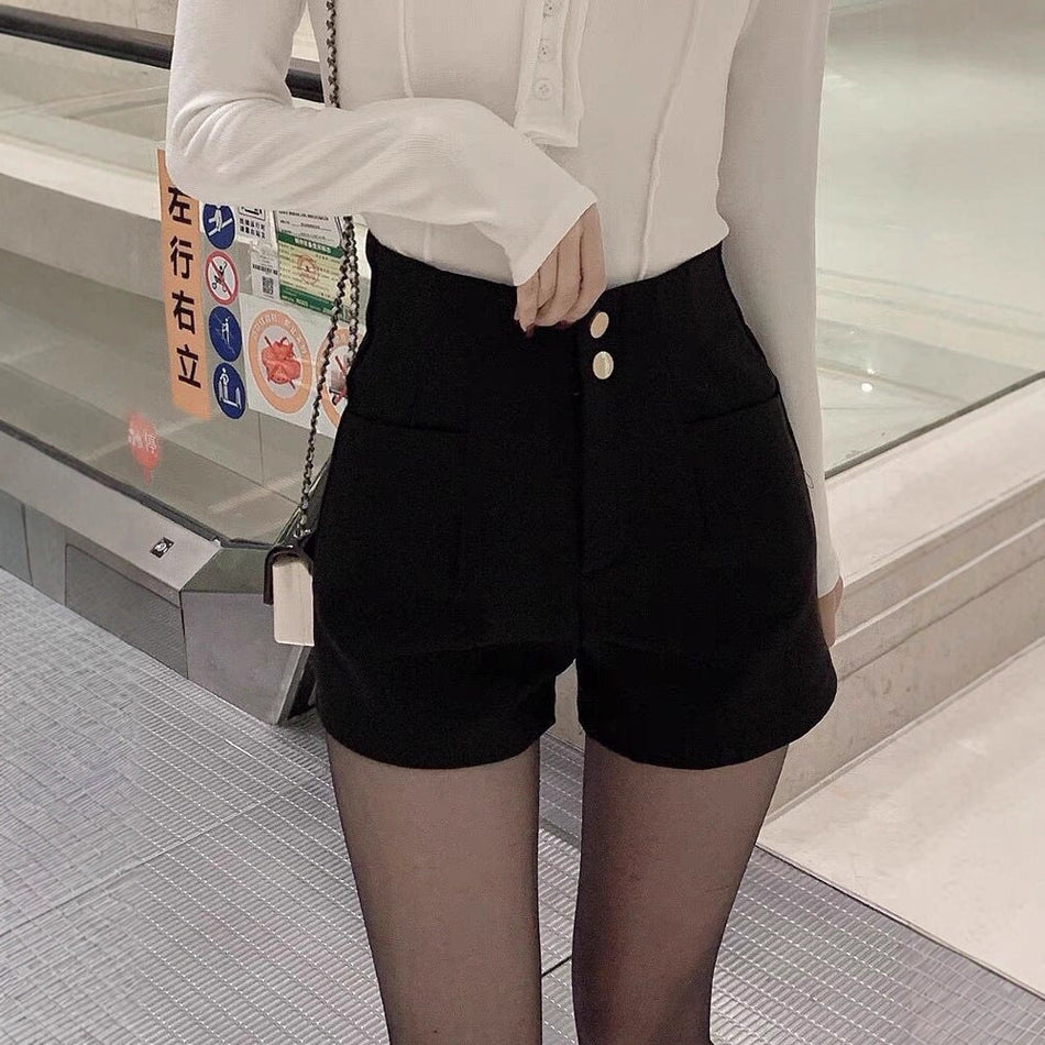 Fleece Lined High Waist Black A Line Winter Shorts