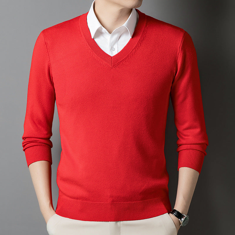 Middle-Aged Men's V-Neck Thick Warm Knitted Sweater