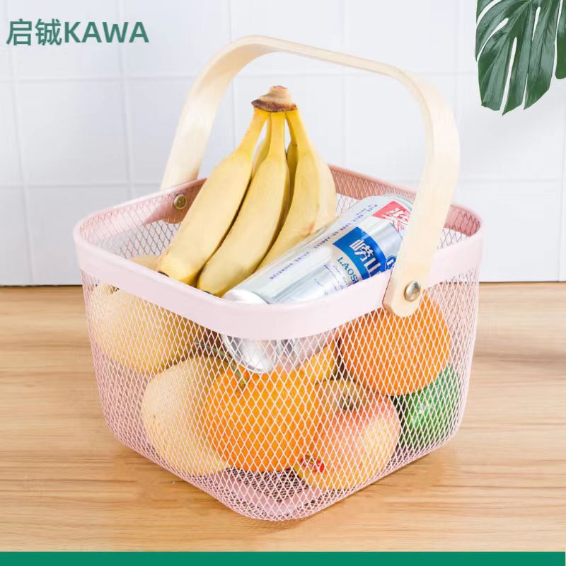 Iron Gift & Storage Basket | Wooden Handle Fruit Basket