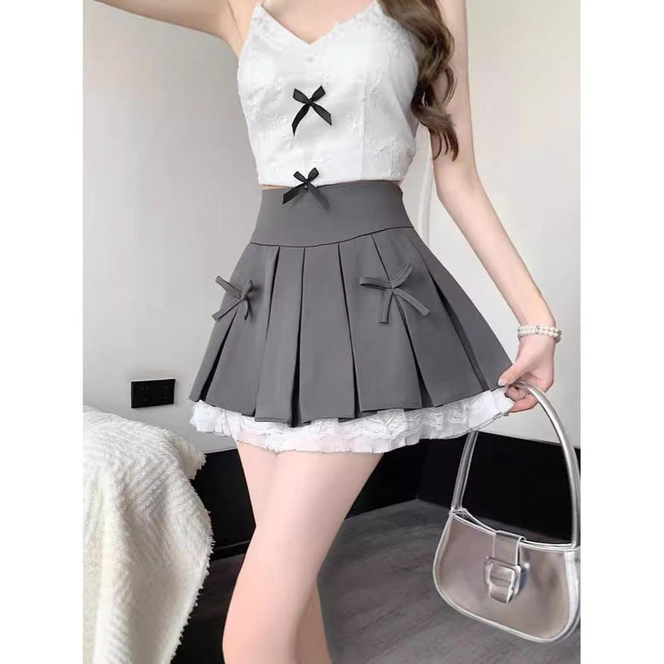 High-Waist A-Line Pleated Bow Lace Skirt – Spring & Summer