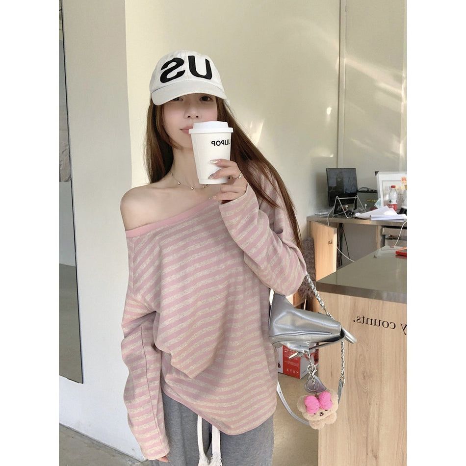 STOCK-Striped Off-Shoulder Long Sleeve Top