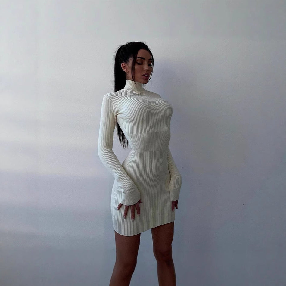 STOCK-Black Semi-High Collar Knitted Dress Mid-Length Women