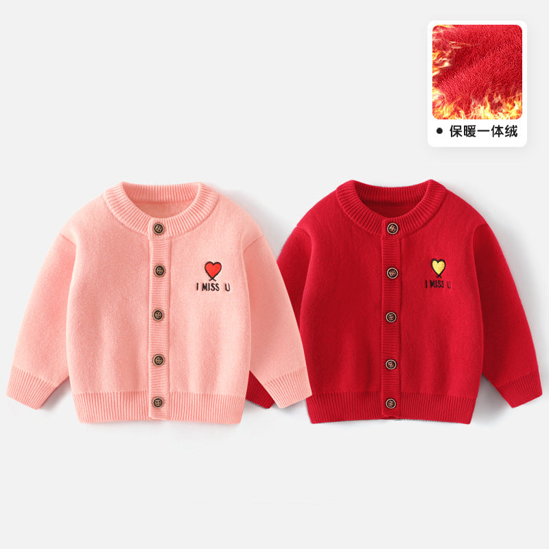 Boys’ Thickened Velvet Round Neck Sweater Jacket Winter