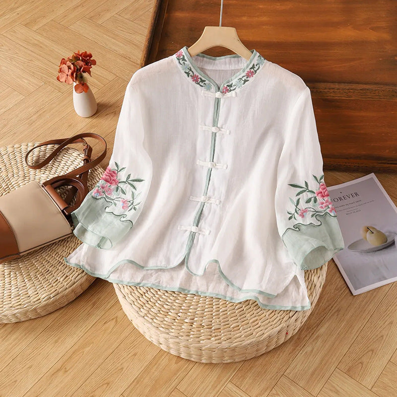 Cotton Linen Retro Embroidered Shirt for Women