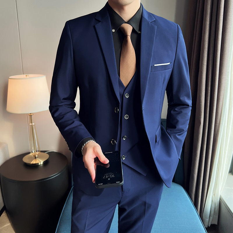Men’s Korean Slim Fit Three-Piece White Collar Suit