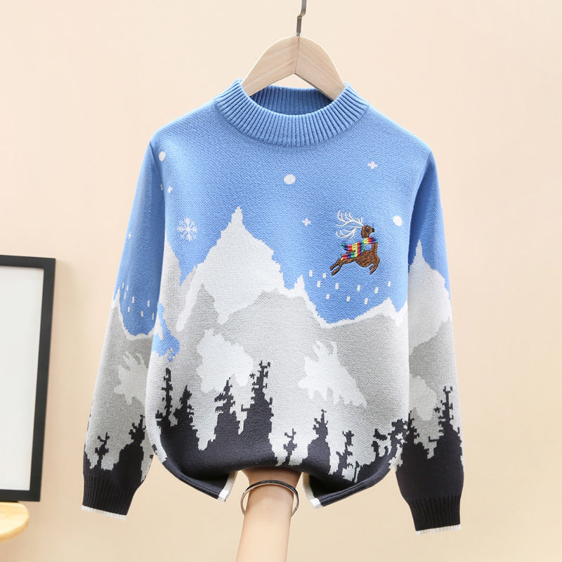 Boys Fleece-Lined Winter Knit Sweater – Snow Deer 2025