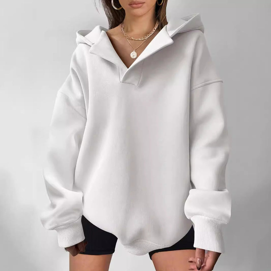 Women’s  Solid Color Loose Hooded Sweatshirt