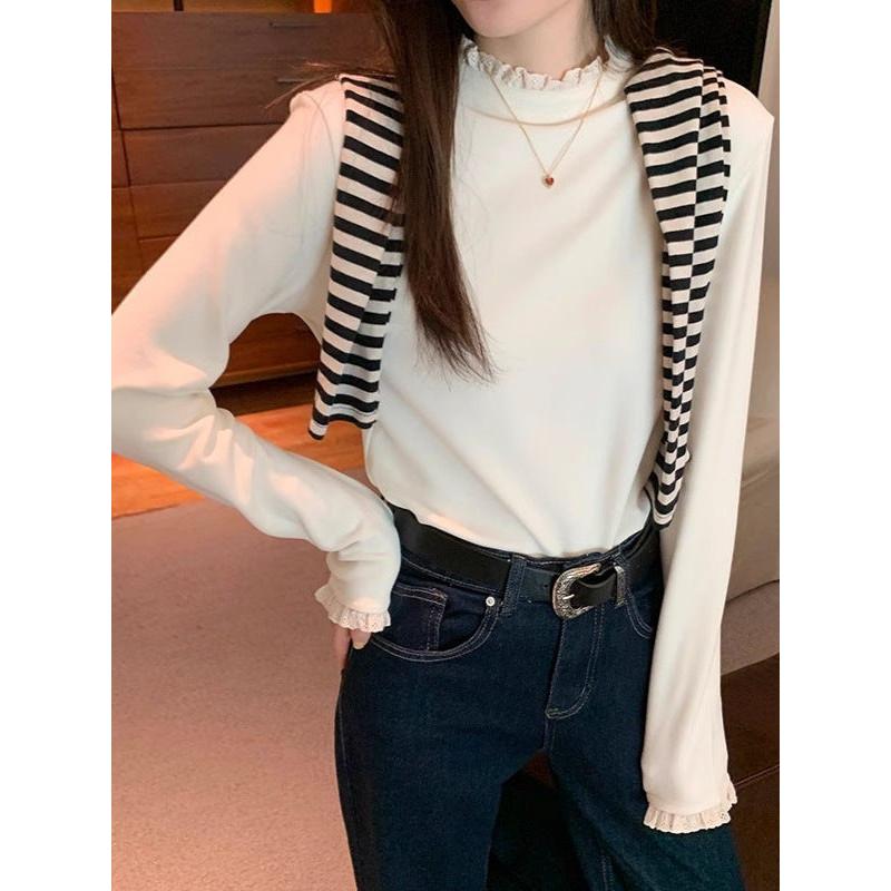 Lace Trim Velvet Stand Collar Inner Top