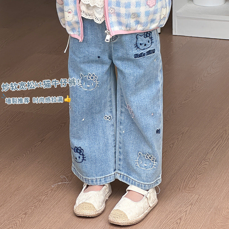 STOCK-2025 Autumn Girls' Cartoon Jeans Embroidered Cat Pants