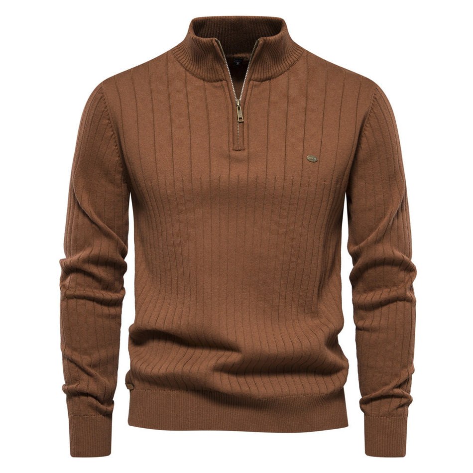 European Size Men's Half-Zipper Solid Color Sweater