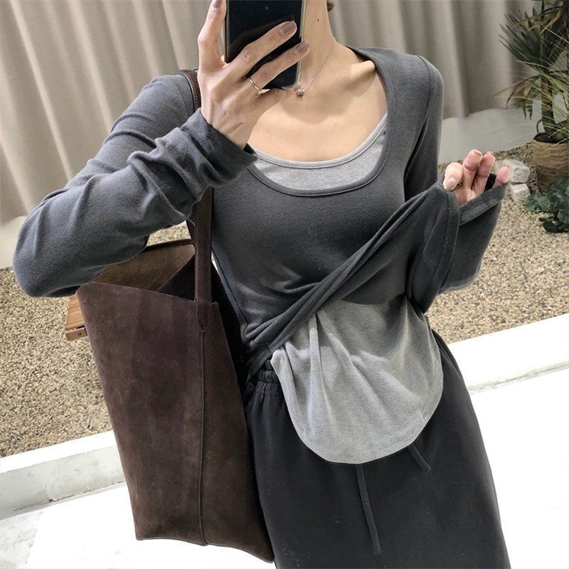 Contrast Fake Two-Piece Slim Long Sleeve Top