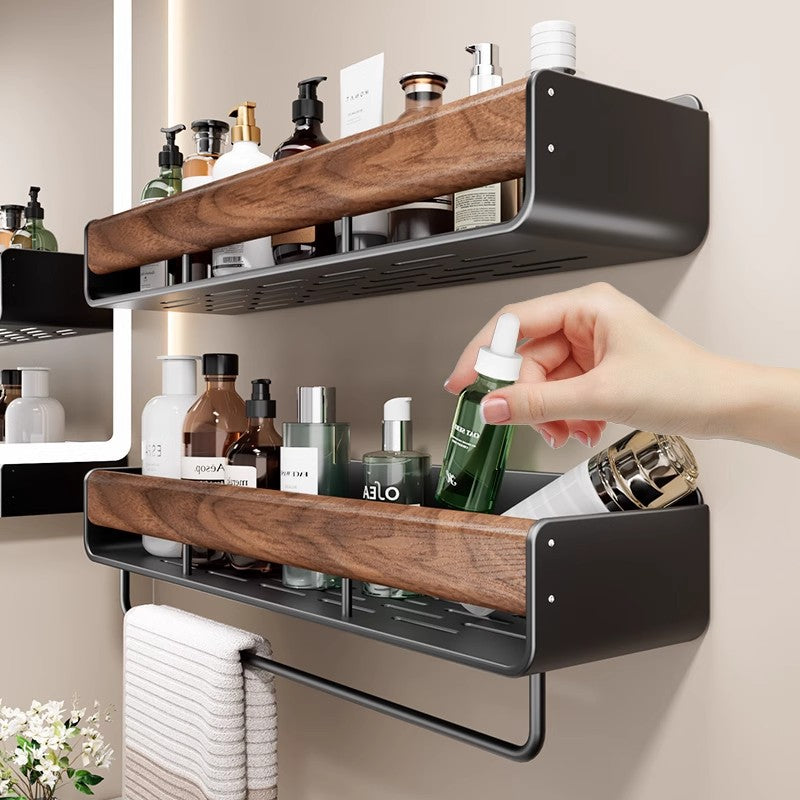Walnut Wood Bathroom Shelf No-Drill Wall-Mounted Rack