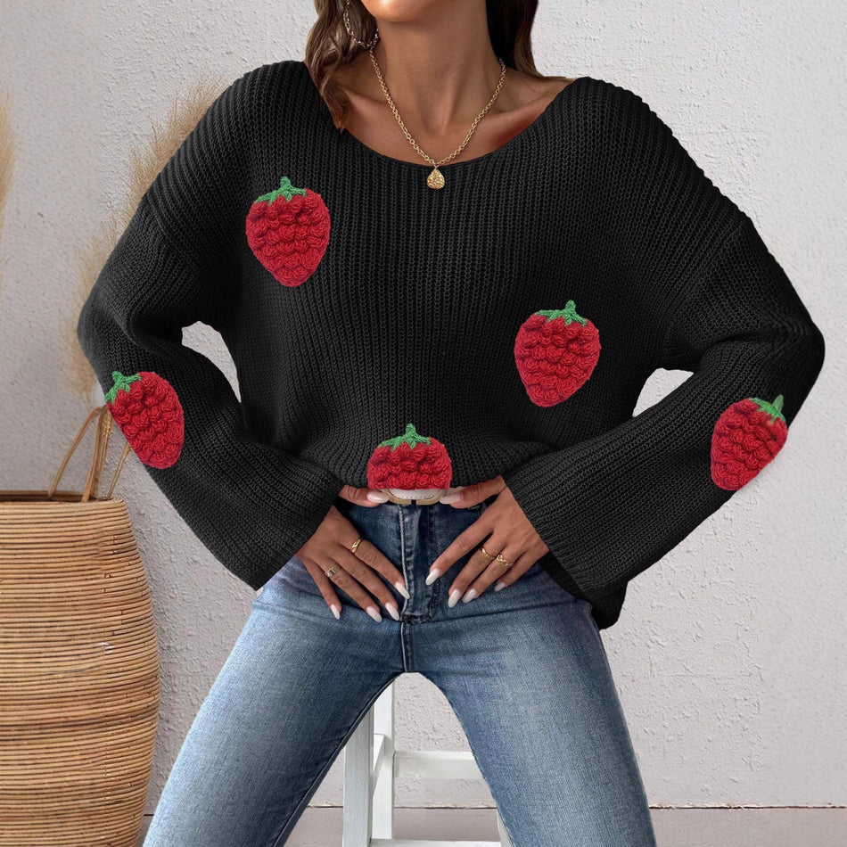 Strawberry Off-Shoulder Bell Sleeve Sweater – Women’s