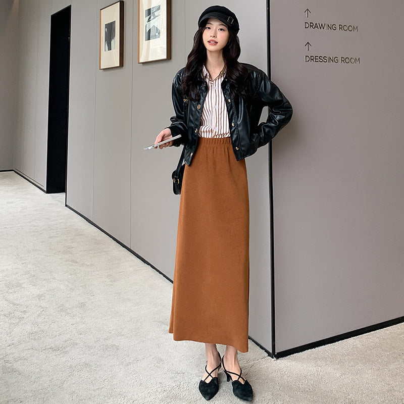 Velvet Knitted Midi Skirt High Waist Slim Fit