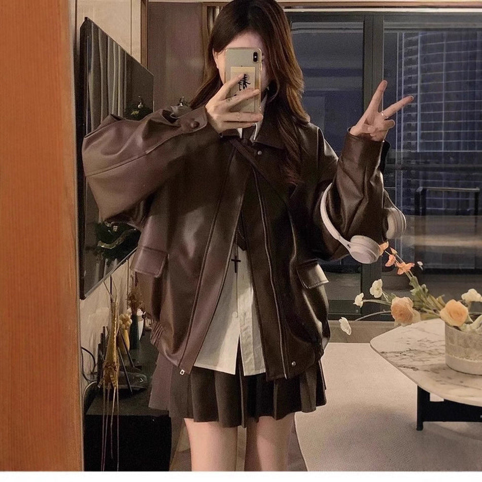 STOCK-Women’s Short Leather Jacket Chic Autumn Coat