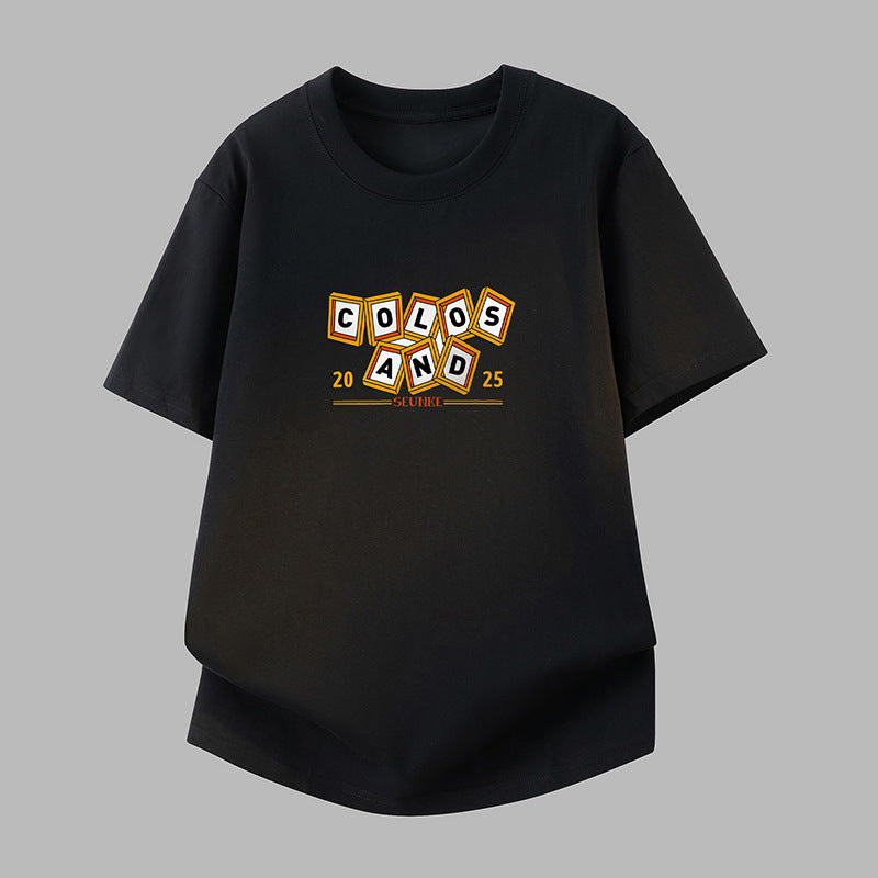 Men's Pure Cotton Letter Print Loose Crew Neck Black T-Shirt