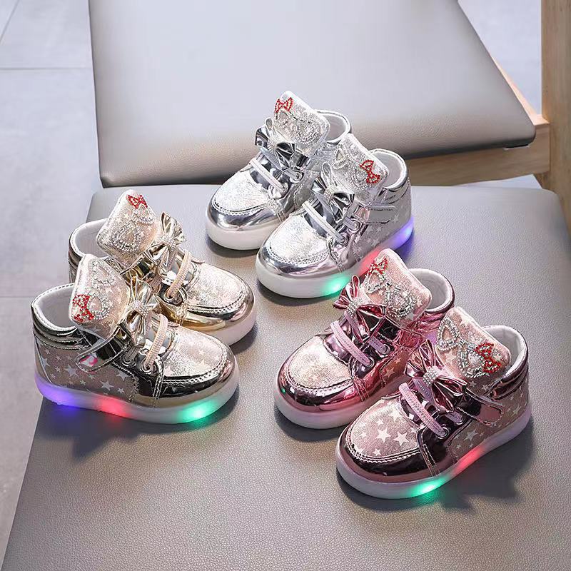 Girls’ Light-Up Boots LED Leather Shoes with Bow