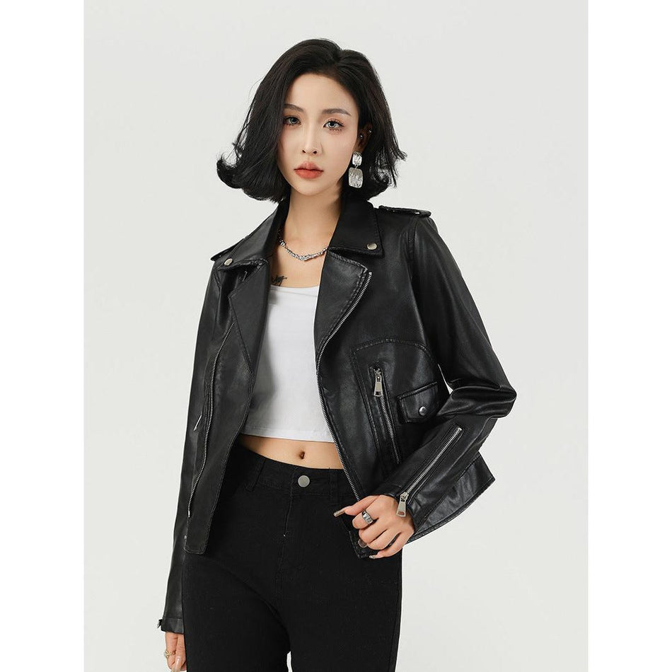 Women’s Short PU Leather Lapel Motorcycle Jacket