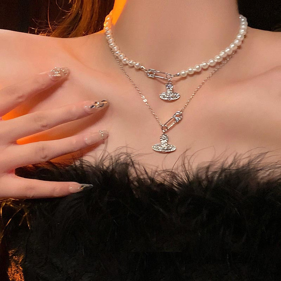 Saturn Pearl Necklace – Planet-Inspired Clavicle Chain