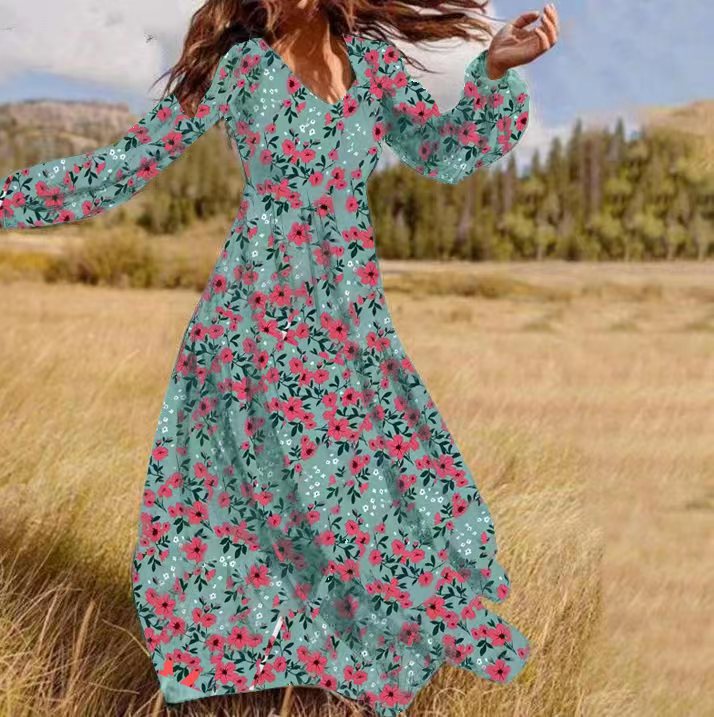Women’s V-Neck Chiffon Swing Dress – Autumn Winter Elegant