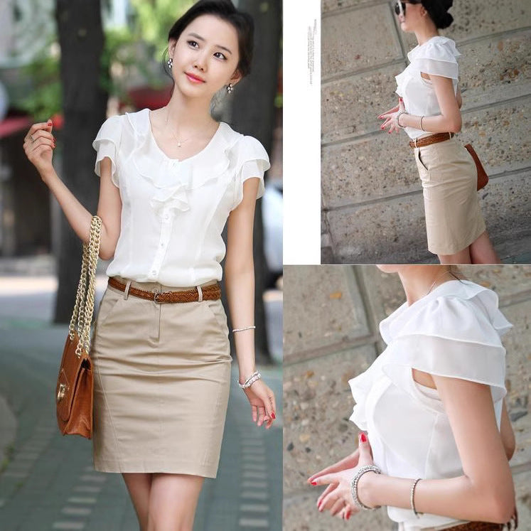 Korean Ruffled Lace White Chiffon Shirt Short Sleeve ProPlus