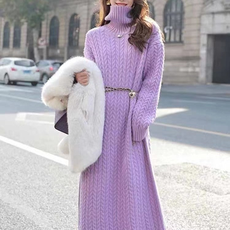 French-Style Twist Knit Turtleneck Dress