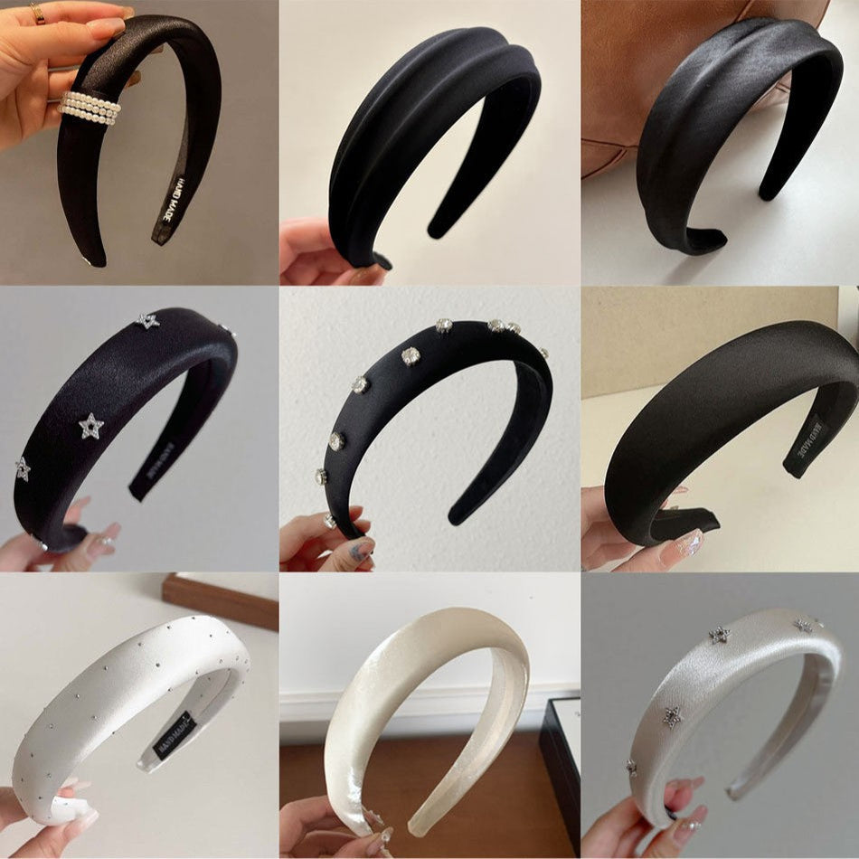 Pearl Satin Headband – Black & White Luxe Style